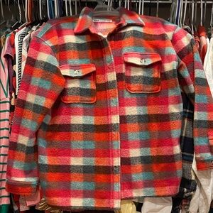 BKE Cozy Plaid Button-Up Shacket in Red, Pink & Teal